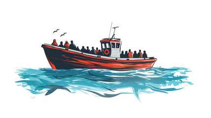 Illustration of a boat with passengers on the sea, shadow of a whale below the water.