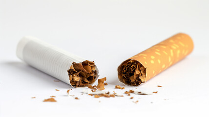 Broken cigarette on a white background, concept of quitting smoking.