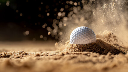 Golf ball impacting sand trap with dynamic explosion of sand, close-up.