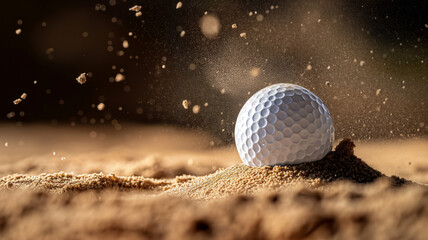 Golf ball in a sand trap with sand particles suspended in the air, dynamic motion captured.