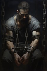 Capture the intense struggle of men breaking free from heavy chains in a dark, atmospheric setting Showcase the tension in their expressions and the complexity of the restraints Render in a photoreali