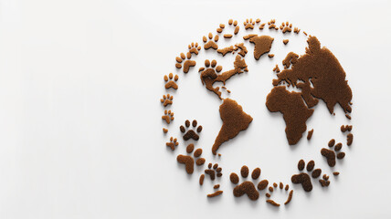 World map made from coffee grounds with animal paw prints, concept for global wildlife conservation.