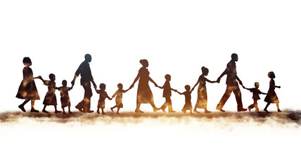 Silhouetted figures holding hands against a white backdrop, evoking unity and family.