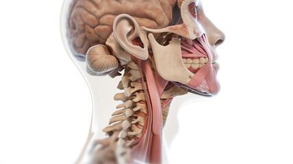 Anatomical model of the human head and neck showing muscles, bones, and brain structures.