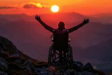 Woman in a wheelchair on top of a mountain. Disability concept. Generative AI.