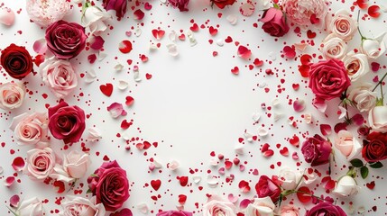 Celebrate Valentine s Day with a captivating floral arrangement set against a round frame of delicate rose blooms scattered confetti on a crisp white backdrop This enchanting Valentine s Da