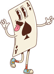 Cartoon retro groovy casino poker card character. Isolated vector Ace of spades personage with a mischievous grin, ready to bring fun to gamble game night. Funny gaming card with big eyes and tongue