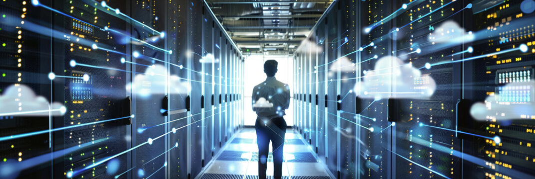 Cloud computing specialist configures servers in a data center, managing virtual infrastructure to optimize performance and scalability for digital services.