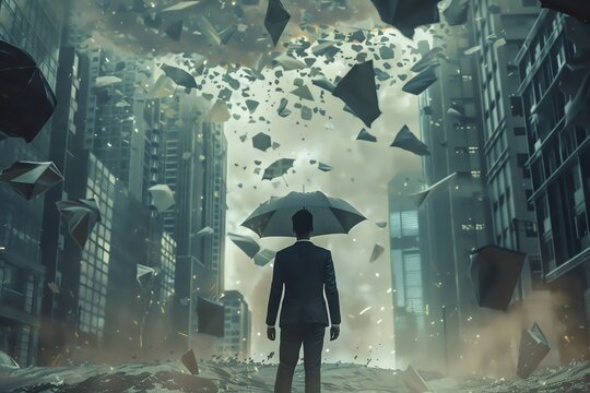 An AIgenerated image of a businessman with an umbrella symbolizing insurance protection amidst urban city chaos