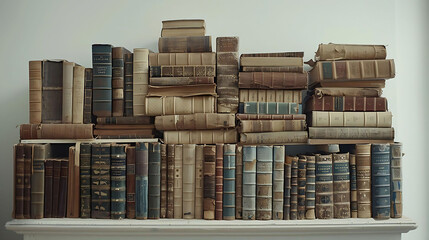snap a photo of a collection of antique books arranged on a white shelf against a white wall, featu