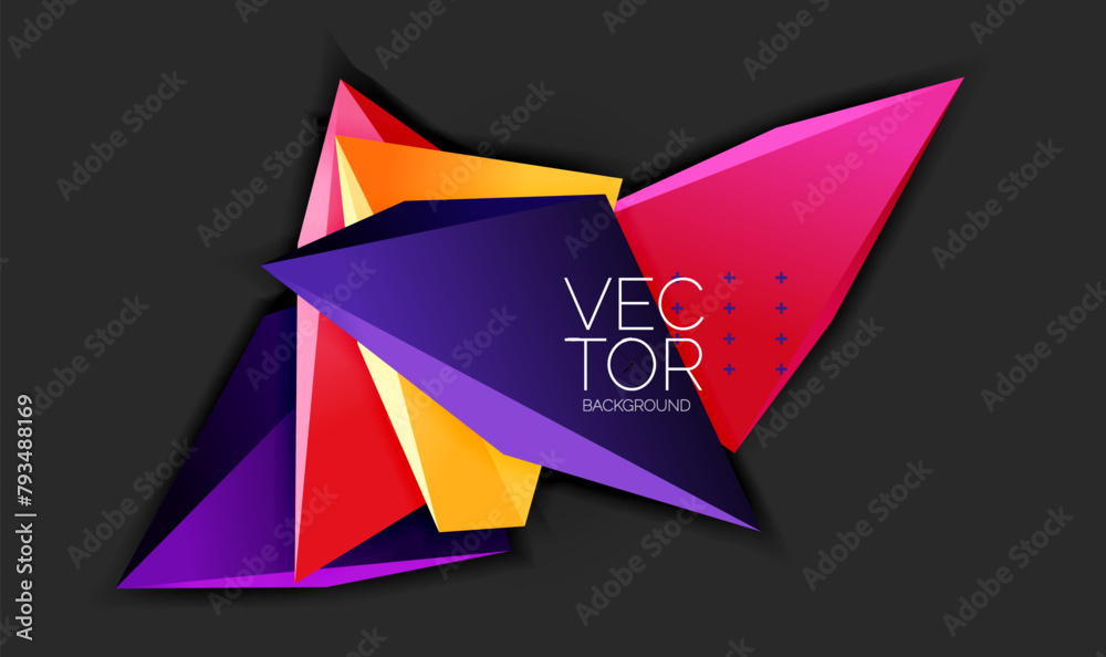 Poster a black background adorned with colorful triangles, showcasing creative arts and symmetry. origami p