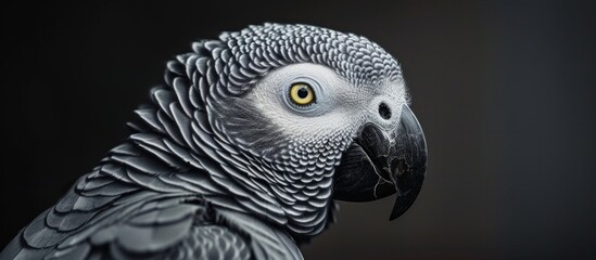 Fototapeta premium A vibrant parrot in a close-up shot, showcasing its colorful feathers and details, set against a dark black background