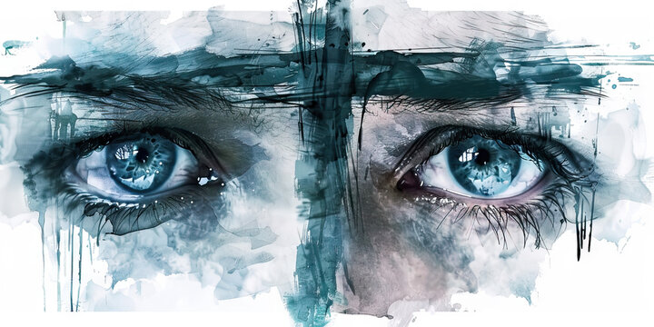 Suffering and Redemption: The Cross and Weeping Eyes - Picture a cross with someone's eyes weeping, illustrating the concept of suffering and redemption in many religious