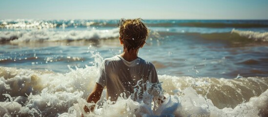 A child, boy, stands ankle-deep in blue water under the sun with splashing waves around him and a clear sky above
