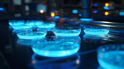 HD visualization of a biotechnology research lab studying bioluminescent bacteria for ecological monitoring, showing petri dishes glowing under dark conditions 32k,