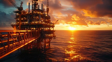Twilight Reflections on Ocean Oil Rig Structure. Setting sun illuminates an ocean oil rig, with its intricate structure reflected on the water's surface, showcasing the industry's complexity.