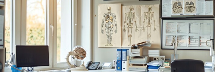 Anatomy charts and medical equipment in a doctors office