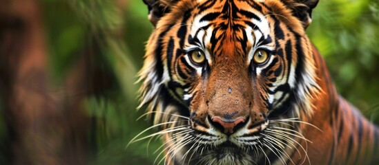 A wild tiger intensely staring directly into the camera with its captivating eyes in a close-up shot - obrazy, fototapety, plakaty