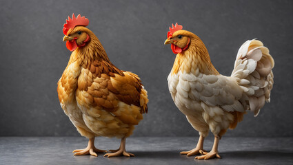 There are three chickens on a dark background. The chicken on the left is white, the chicken in the middle is brown, and the chicken on the right is white. The chicken in the middle is slightly smalle