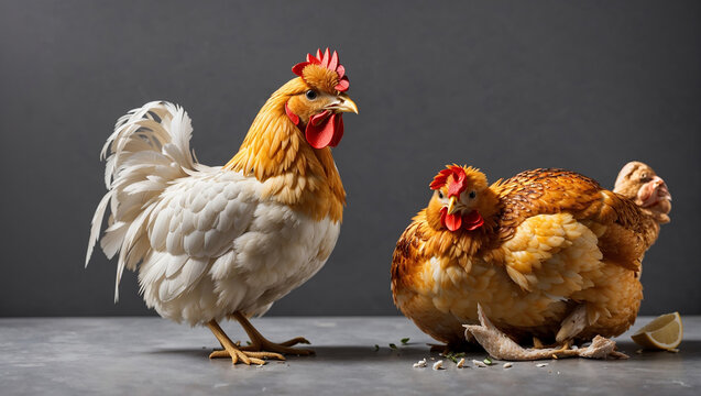 There are three chickens on a dark background. The chicken on the left is white, the chicken in the middle is brown, and the chicken on the right is white. The chicken in the middle is slightly smalle