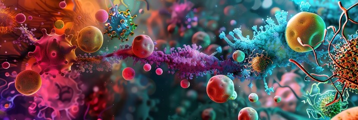 Create a vibrant and colorful backdrop for microscopic microlife within a microbiological setting - obrazy, fototapety, plakaty