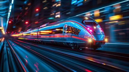 Fototapeta premium High-Speed Train Motion Blur at Night. Illuminated high-speed train passes through a station at night, depicted with motion blur to convey speed.