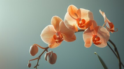 Studio photo of an orange orchid against a plain backdrop