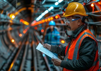 Engineer wearing safety gear is reading documents while standing in a brightly lit subway tunnel with the glow of approaching train lights in the background. - obrazy, fototapety, plakaty