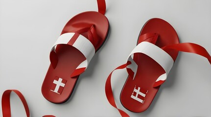  Denmark flag flip flop sandals on a white background Generative AI - obrazy, fototapety, plakaty