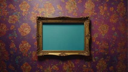 Empty frame hanging on a colorful wall