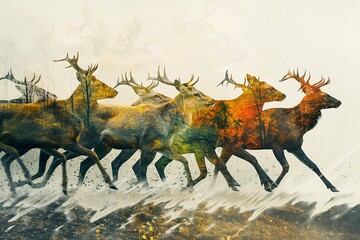 A double exposure of variety of animals shot in a vivid mountain at dawn environment, with the animals sporting over a white backdrop and space, Generative AI.