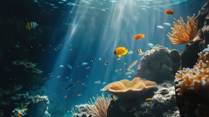 Fototapeta na wymiar Beautiful underwater view with fish and coral and sunlight