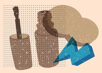 Risograph nail polish with speech bubble with geometric shapes. Objects in trendy riso graph print texture style design with geometry elements.