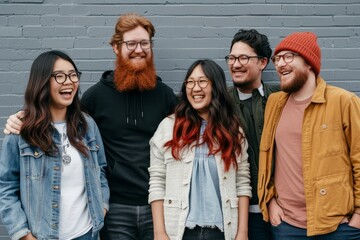 Group of diverse friends standing together in front of a brick wall. - Powered by Adobe