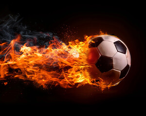 A soccer ball ablaze with bright flames on a black canvas,