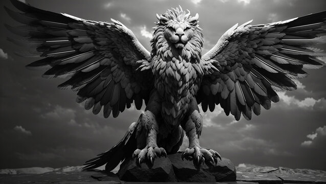  a black and white rendering of a griffin, a mythical creature with the head and wings of an eagle and the body of a lion. The griffin is standing on a rock in front of a dark, cloudy sky. Its wings a