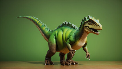 A green dinosaur toy with brown and yellow accents stands on a wooden table against a green background.

