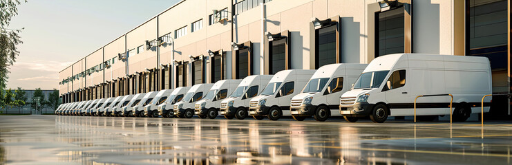 A fleet of delivery vans lines up outside a distribution center, ready to transport packages to customers. - obrazy, fototapety, plakaty