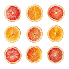 Fresh grapefruit slices isolated against a transparent background captured from above with ample white space for a creative summer theme This unique flat lay composition showcases half of a vibra