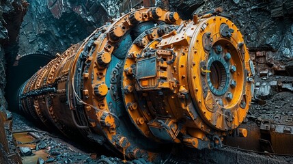 Detailed View of Tunnel Boring Machine Equipment. Close-up of a Tunnel Boring Machine's complex machinery with intricate details and muddy textures.