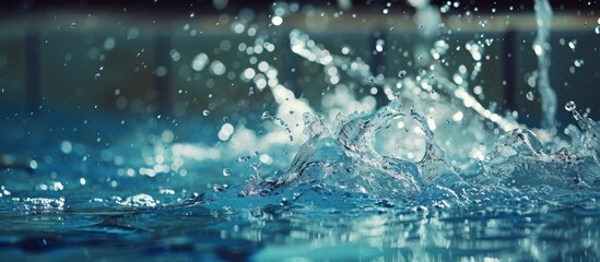 Water droplets create a beautiful splash on the surface of a clear blue pool - obrazy, fototapety, plakaty