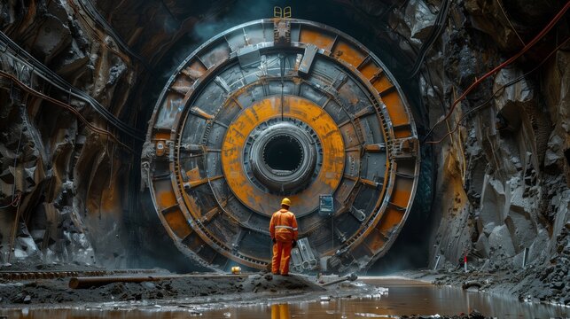 Engineer Overseeing Tunnel Boring Machine Operations. Solitary engineer stands before the enormous circular face of a tunnel boring machine, reflecting on the scale of the subterranean construction.