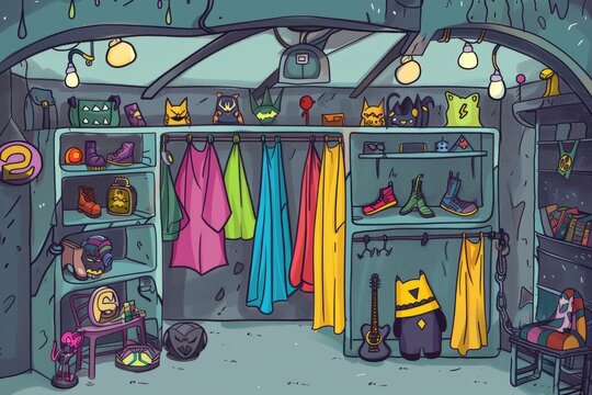 Cartoon cute doodles of a superhero hideout room with capes hanging on hooks, a secret passage, and superhero action figures, Generative AI