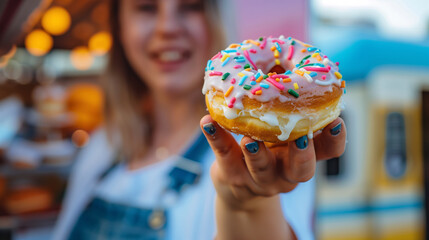 A woman is showing a small donut with strawberry glazing and rainbow sprinkles topping. Blurred food truck as a background.