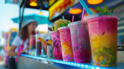 A lot of colorful tropical fruit juice are placed on a bar in front of a food truck.