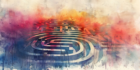 Questioning Faith: The Labyrinth and Wandering Path - Visualize a labyrinth with a wandering path, illustrating the journey of questioning and doubt that can be part of the experience of sadness withi - obrazy, fototapety, plakaty