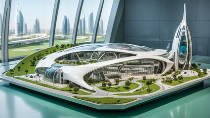 The image shows a futuristic city with glass and metal buildings and green gardens

