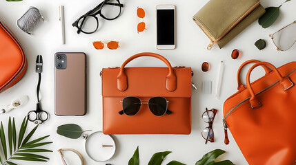 urban chic accessories including black glasses, a brown book, and an orange handbag are displayed o