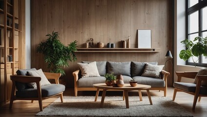 Home interior mock up, cozy modern room with natural wooden furniture