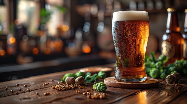 Chilled Craft Beer with Hops and Barley. Refreshing pint of craft beer on a wooden table, surrounded by hops and barley, in a cozy bar setting.
